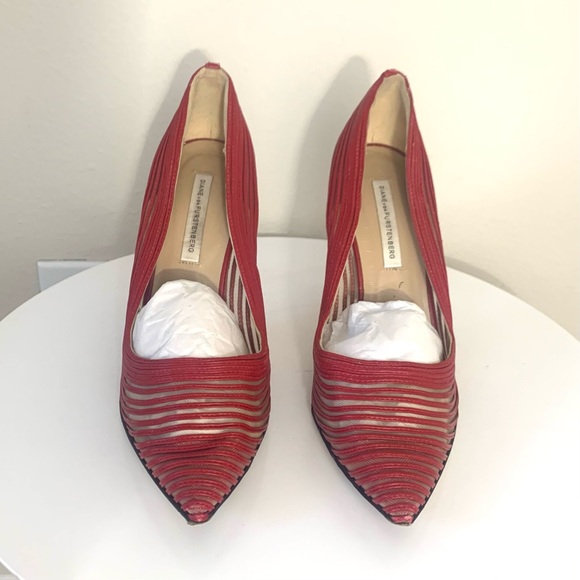 Diane Von Frontenberg red striped Bridgette leather and mesh pumps - Picture 3 of 6